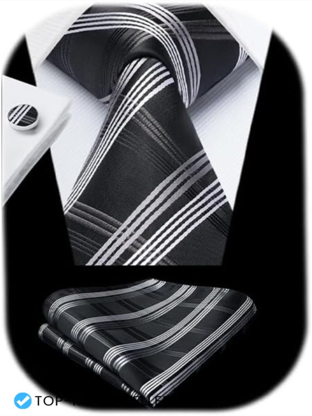 Classic Plaid Tie Set with Pocket Square and Cufflinks for Formal Business